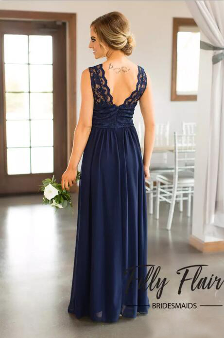 2019 Navy Blue Bridesmaid Dresses Long Elegant A Line Lace and Chiffon Modern Maid of Honor Dresses for Weddings
