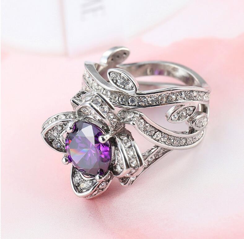 2017 Top Selling Wholesale Luxury Jewelry 925 Sterling Silver Filled Multi CZ Topaz Crystal Party Women Wedding Bridal Leaf Ring Set Gift