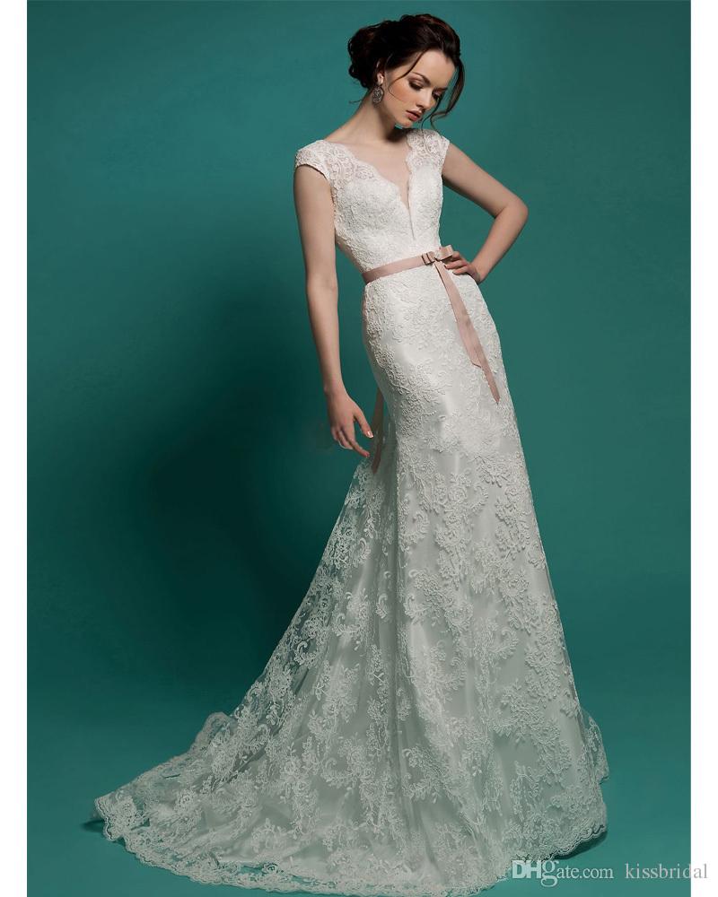 Sexy Mermaid Wedding Dresses Detachable Train Deep V Neck Cap Sleeves Vintage Arabic Lace Applique Cap Sleeve Overskirt Bridal Gowns