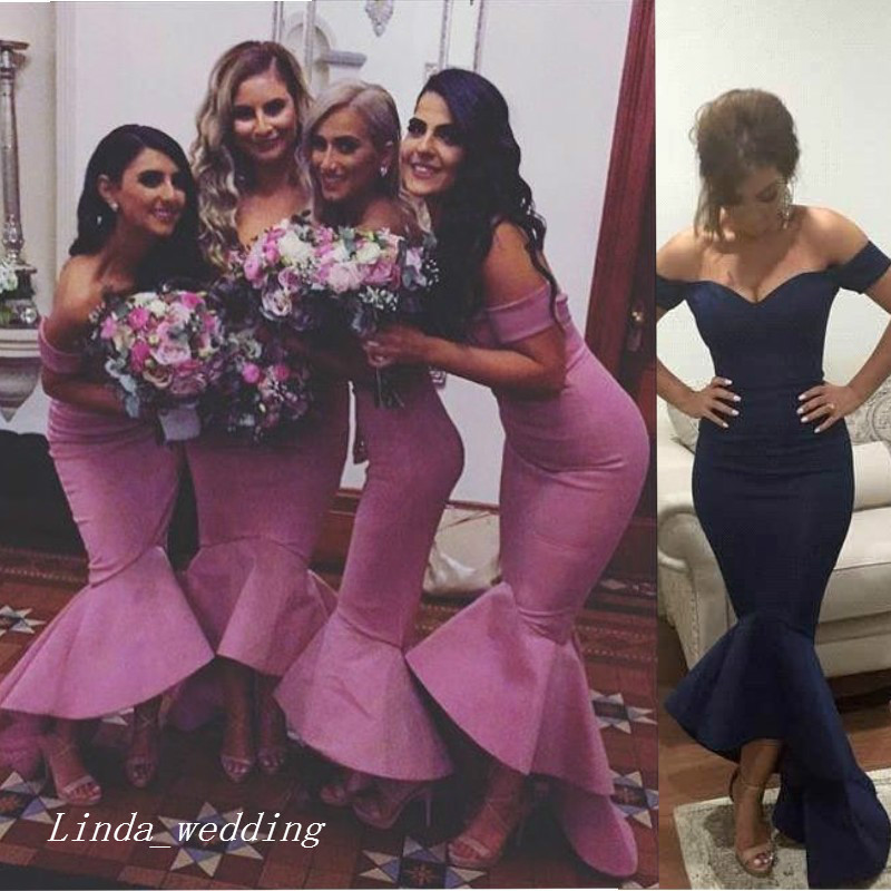 Dark Navy Blue Bridesmaid Dress Elegant Mermaid Off The Shoulder Backless Long Women Wear Formal Maid of Honor Dress For Wedding Guest Gown