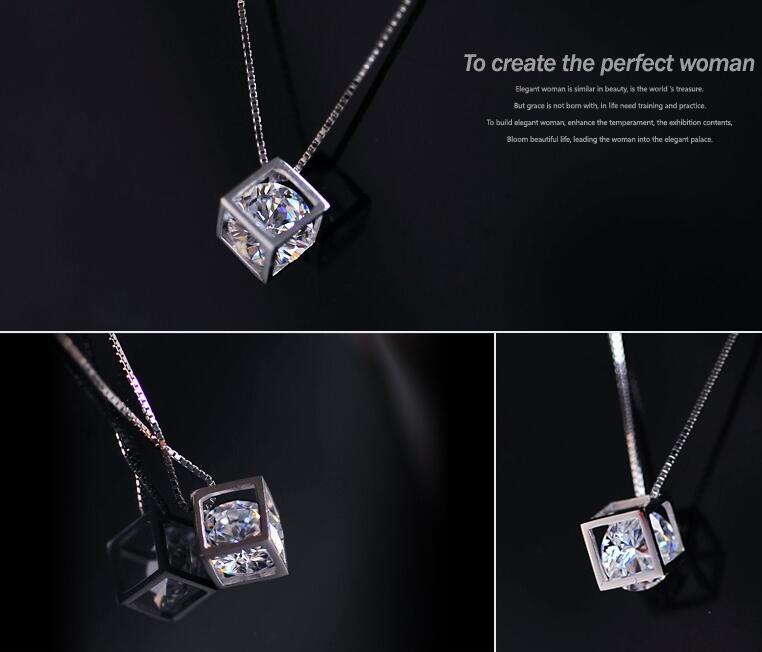 925 Sterling Silver Love Cube Diamond Pendant Necklaces S925 Crystal Shining Square Statement Link Chans Choker Necklace Wedding Vintage Womans Jewelr