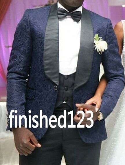 Latest Design One Button Navy Paisley Groom Tuxedos Groomsmen Best Man Suits Mens Wedding Blazer Suits (Jacket+Pants+Vest+Tie) NO:491