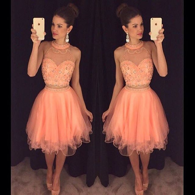 Fuchsia Crystal Two Pieces Prom Dress Short Tulle Skirt A-line Halter Homecoming Dresses Evening Party Dress