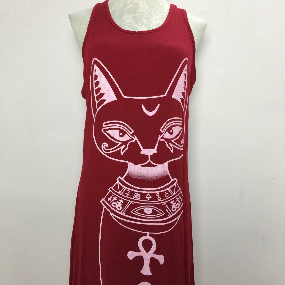 Sexy Evening Party Dresses Women 2016 Summer Dress Vestidos Wine Red Black Sexy Cartoon Cat Print Boho Long Maxi Beach Dresses