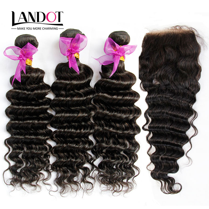 Peruvian Malaysian Indian Cambodian Brazilian Deep Wave Virgin Hair 3 Bundles with Top Lace Closures Deep Curly Mink Remy Human Hair Weaves