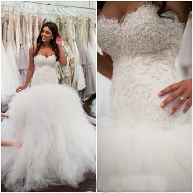 Vintage Mermaid 2016 Lace Wedding Dresses Tulle Elegant Bodice Formal Bridal Gowns With Sweetheart Neckline Trumpet Court Train Custom Made, White
Vintage Mermaid 2016 Lace Wedding Dresses Tulle Elegant Bodice Formal Bridal Gowns With Sweetheart Neckline Trumpet Court Train Custom Made, White
