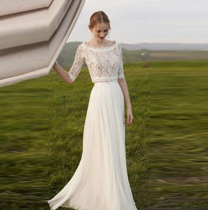 Beach Garden Two Piece Lace Half Long Sleeve Scoop Neckline Wedding Gown Chiffon Robe De Mariage Bohemian Bridal Dresses 0509 0510