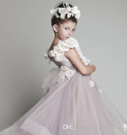 Flower Girl Dresses For Weddings New Tulle Ruffled Handmade Flowers One shoulder Pageant Dresses For Little Girls Glitz Kids Prom Dresses