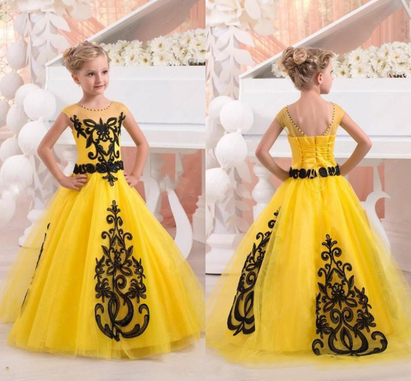 New 2017 Yellow Tulle Princess Flower Girls Dresses For Weddings Birthday Party Cheap Black Applique Floor Length Little Girl Dress EN10062