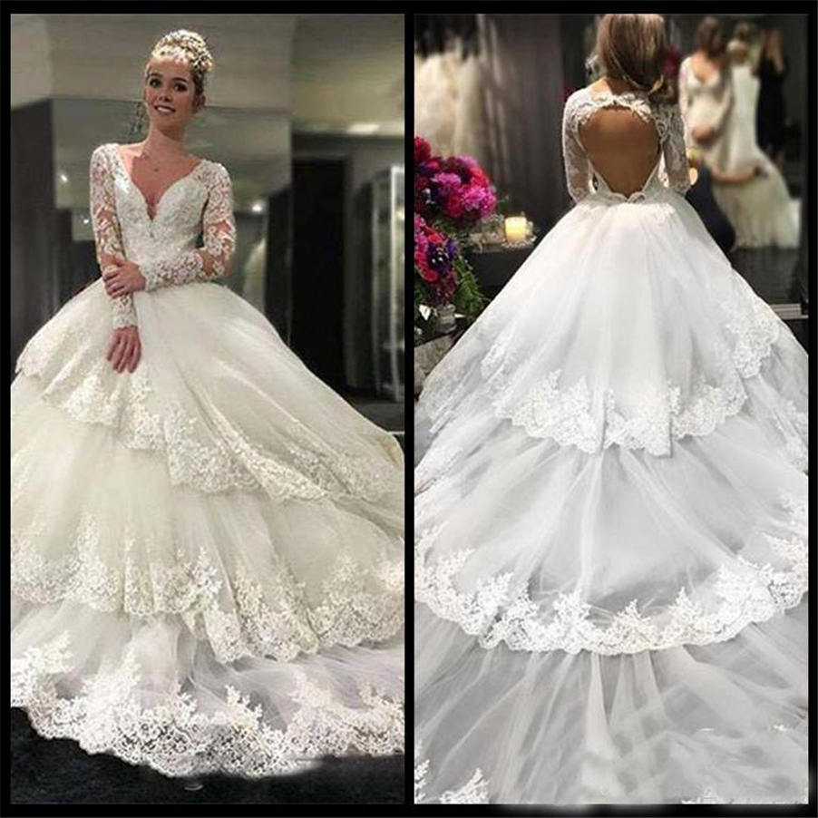 Deep V-Neck Long Sleeves With Lace Applique Open Back Tiered Ruffle Wedding Dress Bridal Gowns Charming Noble Wedding Dresses, Gold
Deep V-Neck Long Sleeves With Lace Applique Open Back Tiered Ruffle Wedding Dress Bridal Gowns Charming Noble Wedding Dresses, Gold