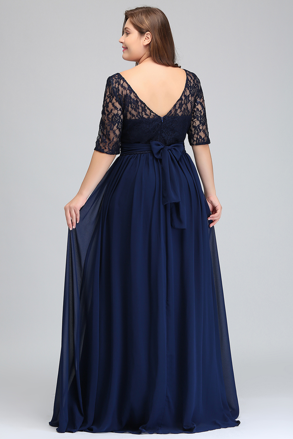 Dark Navy Black Bury Half Long Sleeves Plus Size Prom Lace Top A Line Chiffon V Back Mother Of Bride Dresses Cheap Gowns Cps522