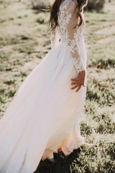 Bohemian Country Wedding Dresses With Sheer Long Sleeves 2017 Bateau Neck A Line Lace Applique Chiffon Boho Bridal Gowns Cheap EN9161