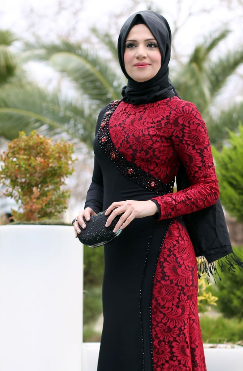 The Newest Design Black Red Long Arab Muslim Evening Dresses A Line Lace Beaded Long Sleeves Floor Length Women Party Gowns