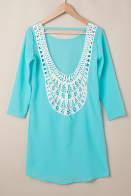 New Sexy Women Chiffon Lace Dresses Lady Solid Color Hollow Long Sleeve Dress S-XXL Free shipping