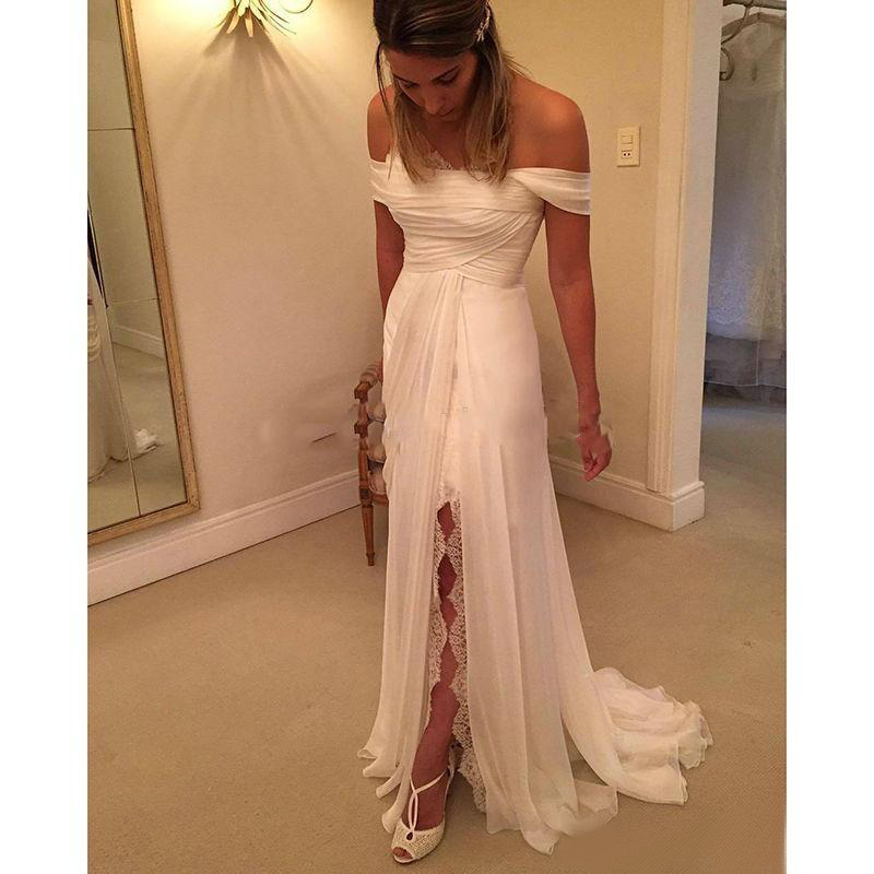 Simple 2016 Chiffon Beach Wedding Dresses Cheap Off Shoulder Pleats Lace Side Split Long Bridal Gowns Custom Made China EN90218