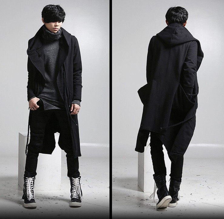 New fashion long trench coat men hip hop black long coat hoodie jacket mens casual wool overcoat hooded manteau homme cappotto