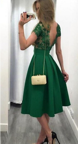 Graceful 2016 Dark Green Satin Lace Applique Tea Length Homecoming Dresses Cheap Sexy Backless Short Sleeve Beaded Ruched Party Gowns EN9024