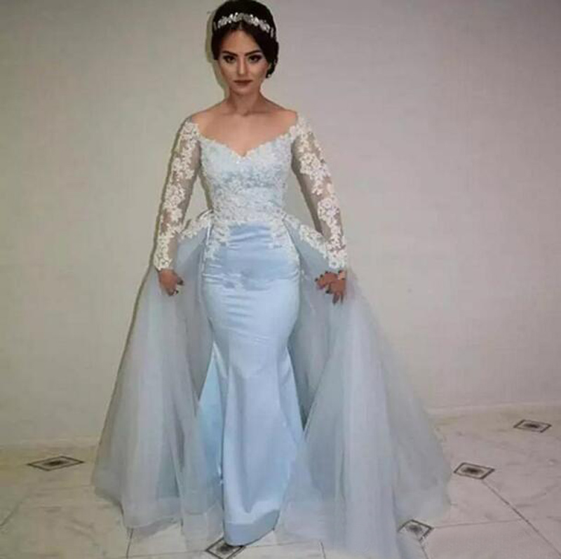 Modest 2017 Light Blue Satin Off The Shoulder Mermaid Wedding Dresses With Tulle Detachable Skirt Lace Appliqued Bridal Gowns EN8317