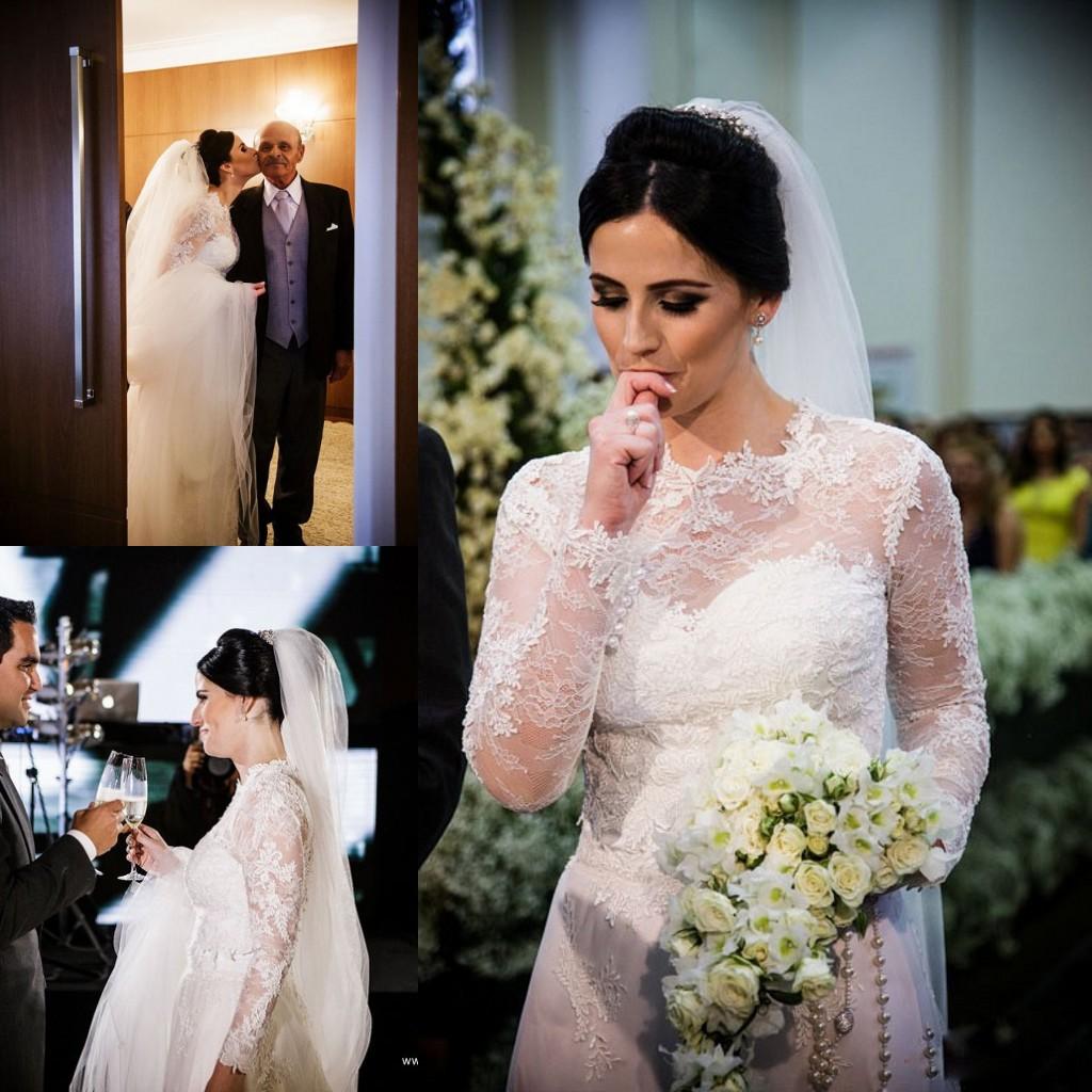 Elegant Long Sleeve Lace Wedding Dresses 2016 A Line Jewel Neck Sheer White Lace Bridal Gowns Vestido De Noiva Custom Made
Elegant Long Sleeve Lace Wedding Dresses 2016 A Line Jewel Neck Sheer White Lace Bridal Gowns Vestido De Noiva Custom Made