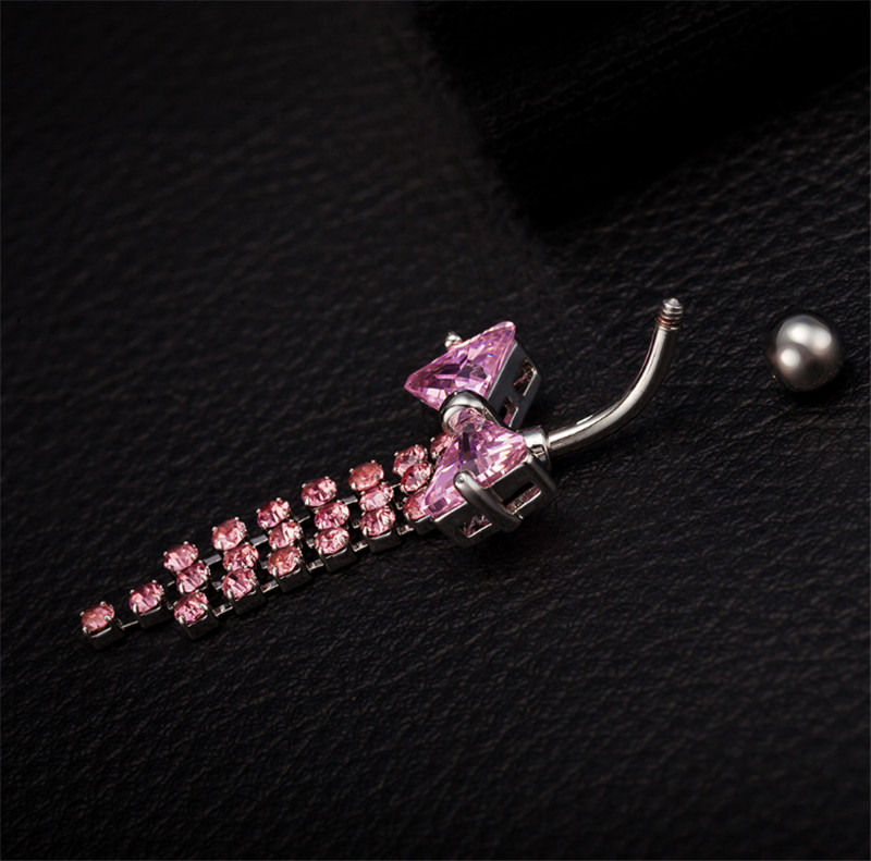 Women Lovery Body Piercing Dangle Navel Ring White Gold Plated Bowknot Tassles Belly Dance Ring for Girls Women