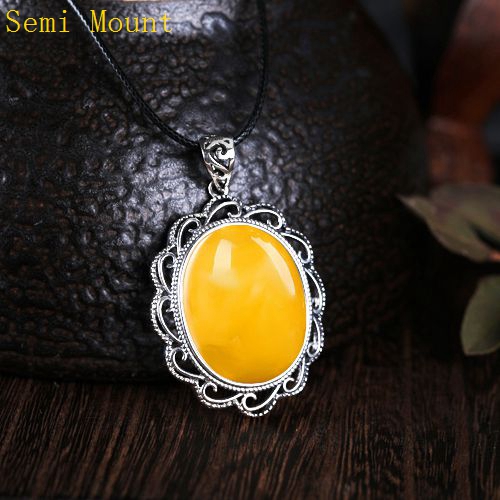 Real Sterling Silver 925 Retro Vintage Party Pendant Semi Mount Oval Cabochon 19x23mm for Amber Agate Opal Turquoise Lapis lazuli Setting