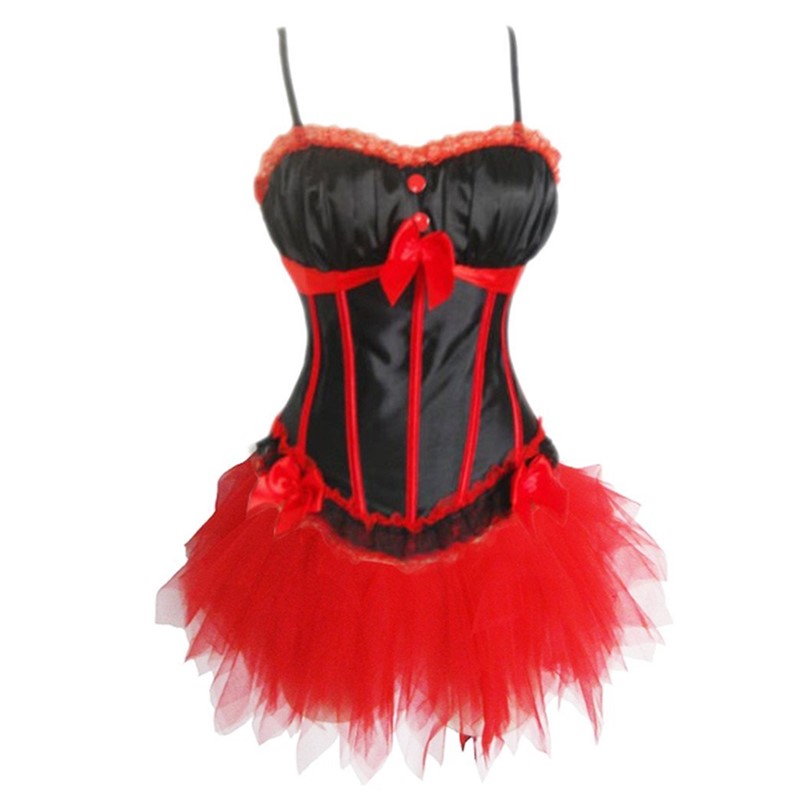 Big Plus Size 6XL Frilly Bustline Lace Bow Burlesque Valentine Halterneck Corset with Tulle Tutu Skirt Dance Corset Costume Dress Outfit