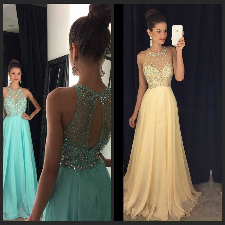Beautiful Aqua Prom Dresses 2016 Sheer O Neckline Beaded Sequins Chiffon Long Party Prom Gowns