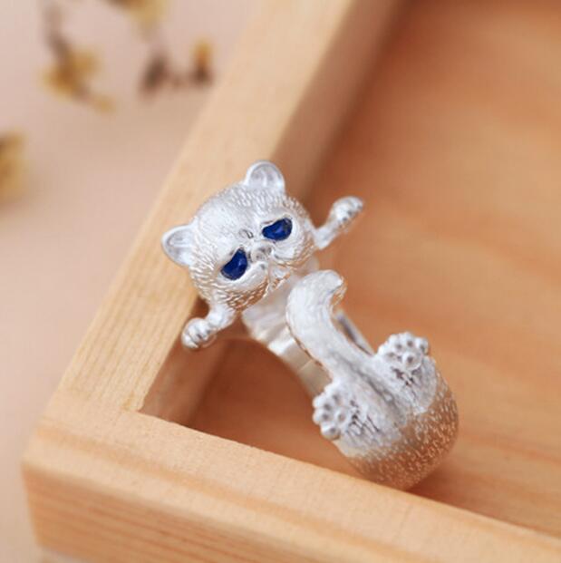 Fashion Lovely Silver Plated Cute Cat Rings for Women Animal Cat Eyes Open Ring Vintage Jewelry G894