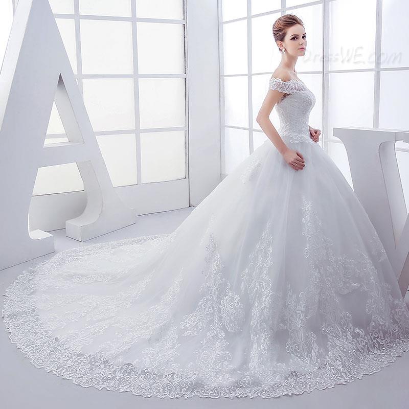 Vintage Lace Appliques Off Shoulder Wedding Dress Lace-Up Chapel Train Arabic Ball Gown Bridal Gowns White Ivory Custom Made Dress