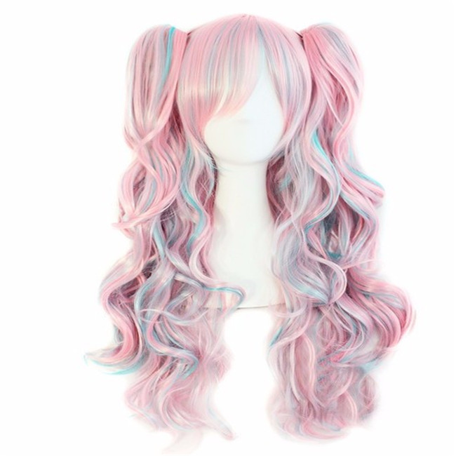 Double ponytail clip wig WoodFestival Long wavy synthetic wigs three sets Purple pink white black heat resistant fiber hair women