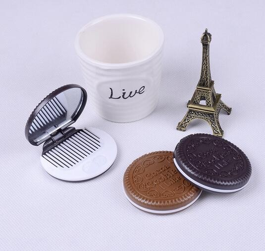 Portable Cute Chocolate Cookie Shape Cosmetic Makeup Mirror + Comb Lady Girl Lovely cookies design with comb XB18