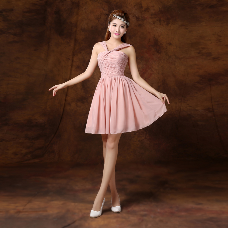Pleated Short Chiffon Bridesmaid Dress Nude Pink Ball Gown Bridesmaids Formal Dresses Lace Up 6 Styles Mixed Order