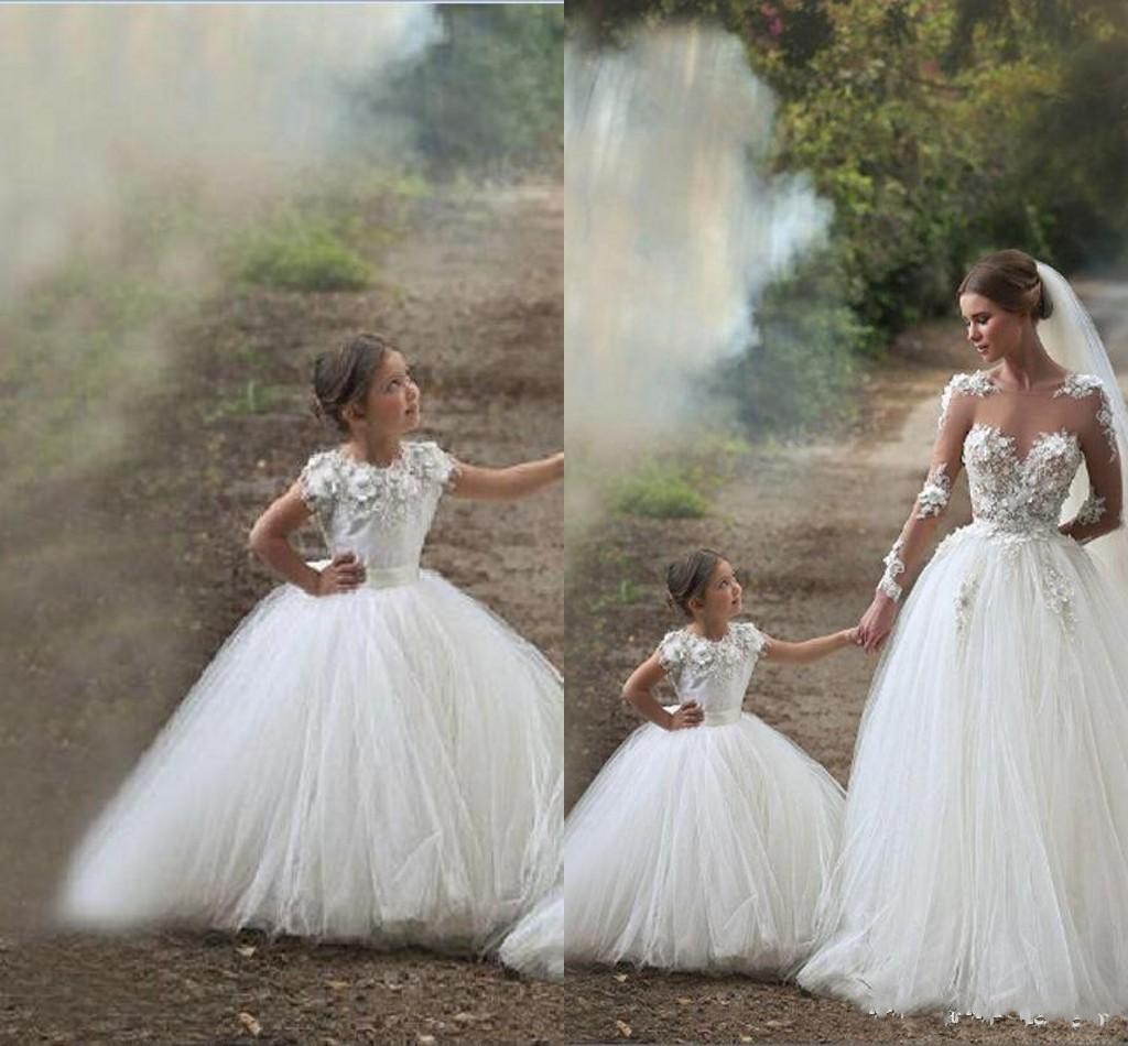 Cheap Mother And Daughter Flower Girls Dresses For Weddings Lace White Ivory Tulle Arabic Princess Children Kids Party Birthday Gowns