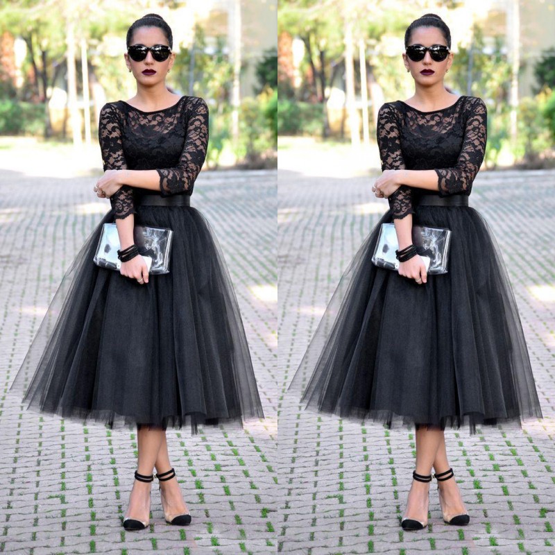 Gorgeous Short Tea Length Black Prom Dresses A Line Illusion Bateau Neckline Sheer Lace Sleeves Tulle Evening Party Gowns with Sash, Light sky blue
Gorgeous Short Tea Length Black Prom Dresses A Line Illusion Bateau Neckline Sheer Lace Sleeves Tulle Evening Party Gowns with Sash, Light sky blue