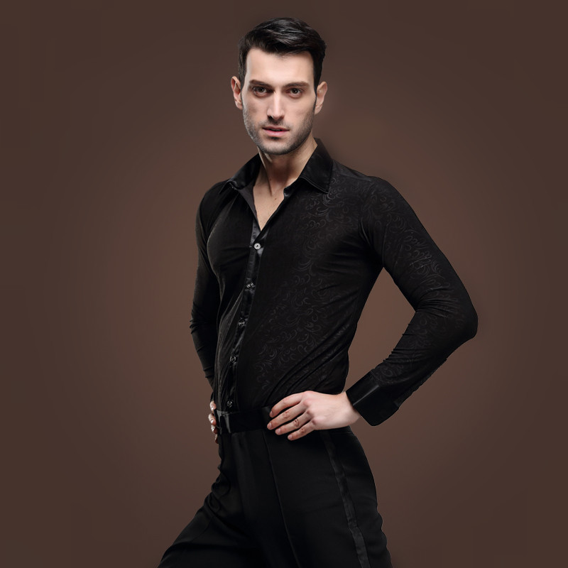 man Latin dance shirt adult black Pattern modern dance costume chacha rumba Samba square dance clothes long sleeve shirt male