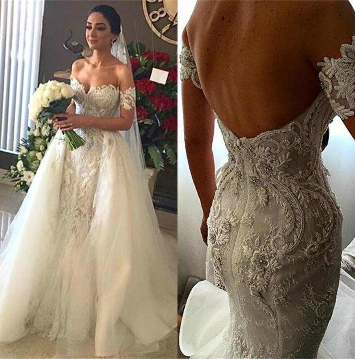 Sexy Lace Wedding Dresses With Removable Tulle Overskirt Mermaid Backless Off The Shoulder Bridal Gowns Long Train, White
Sexy Lace Wedding Dresses With Removable Tulle Overskirt Mermaid Backless Off The Shoulder Bridal Gowns Long Train, White