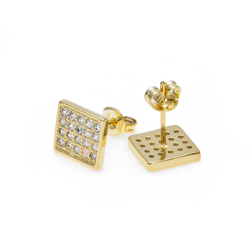 Hiphop Men Gold Earring Micro Pave Cz Rhinestone Crystal Square Shape Stud Earrings For Women Jewelry Gifts