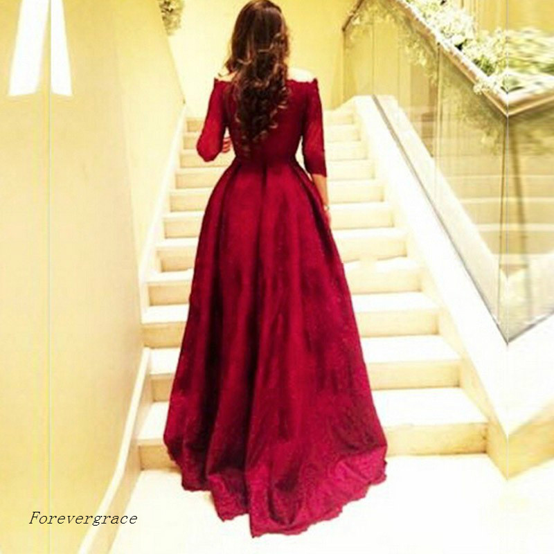 Wine Red Long Evening Dress Dubai Kaftan With Seeves Dress Formal Event Gown Plus Size robe de soire vestido de festa longo