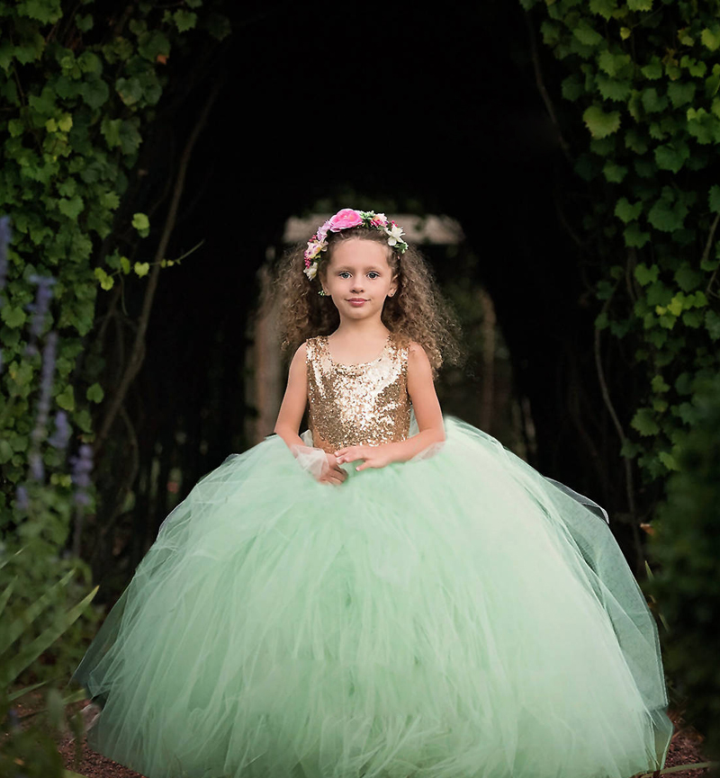 Pink And gold Sequined Flower Grils Dresses Scoop Open Back Ball Gown Floor Length Soft tulle Girls Party Dresses Champagne,Mint Cheap