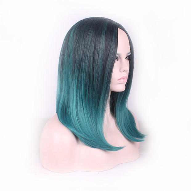 WoodFestival Ombre Dark Green Black Straight Short Bob Wig Women Fiber Synthetic Wig Turquoise Heat Resistant Hair Wigs 18 inches