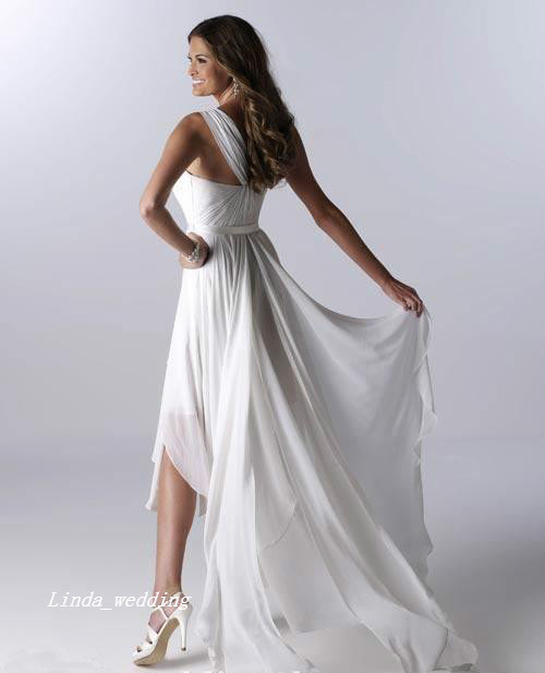 Free Shipping Simple White Beach Wedding Dresses Asymmetrical Short Front Long Back High Low One Shoulder Ruffles Chiffon Sexy Bridal Gowns