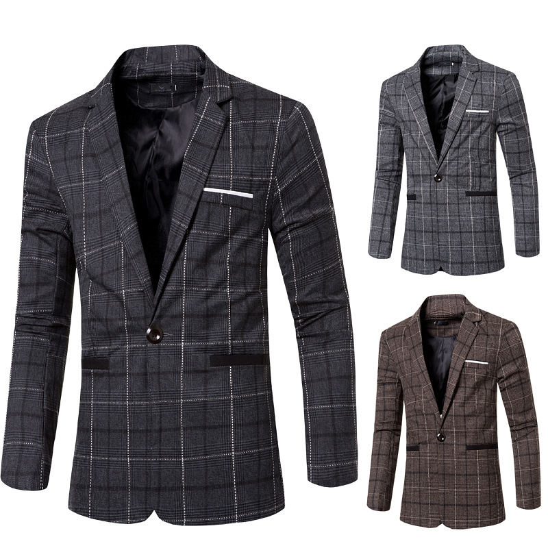 Autumn Solid Single Button Male Suit Jacket Winter Coat Wedding Party Big Plaid Casual Blazer Fashion trend jacket Men Outerwear, Brown 
Autumn Solid Single Button Male Suit Jacket Winter Coat Wedding Party Big Plaid Casual Blazer Fashion trend jacket Men Outerwear, Brown