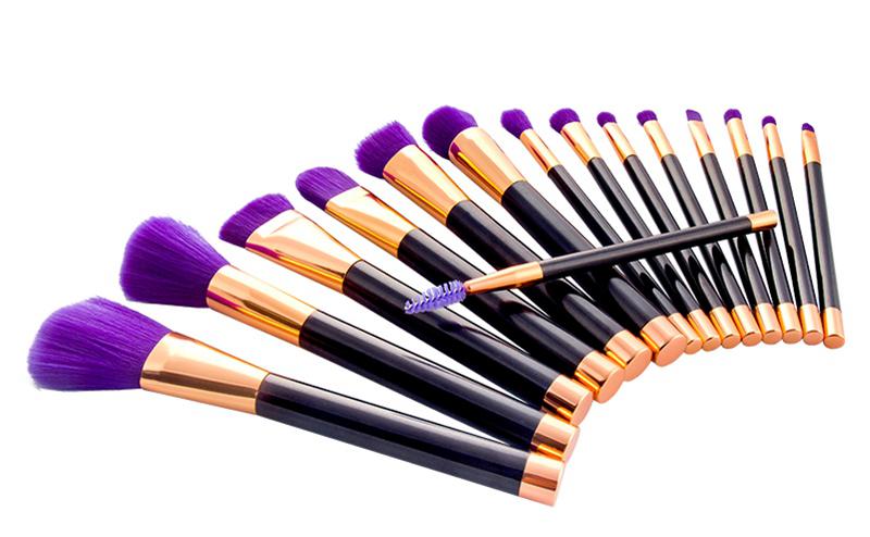 15 pcs set makeup brush, white brush with green handle, pink brush with gold handle, purple brush with black handle, 100 pcs/lot