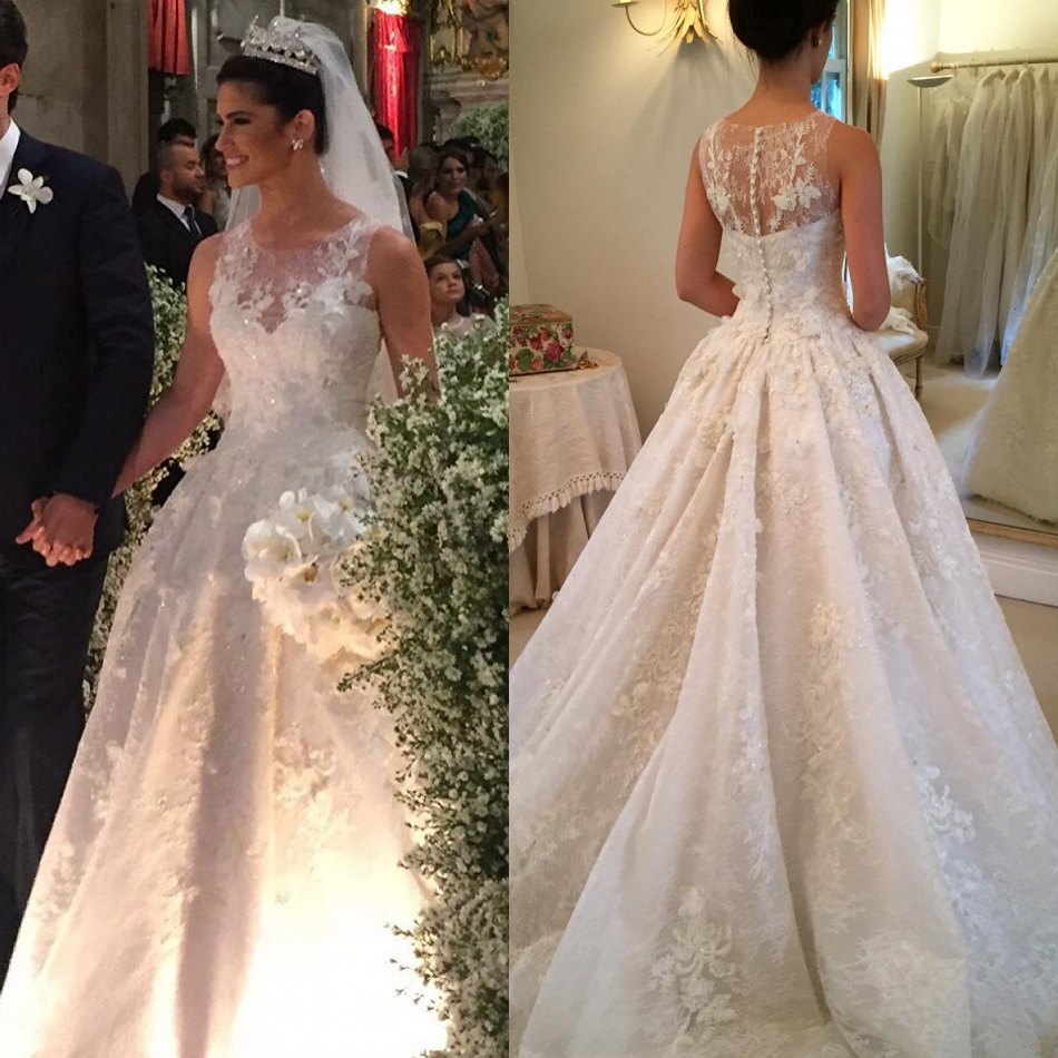 Beaded 3-D ral Dresses Illusion Necke Lace Bridal Gown Sweep Train A-e White Wedding Gowns
