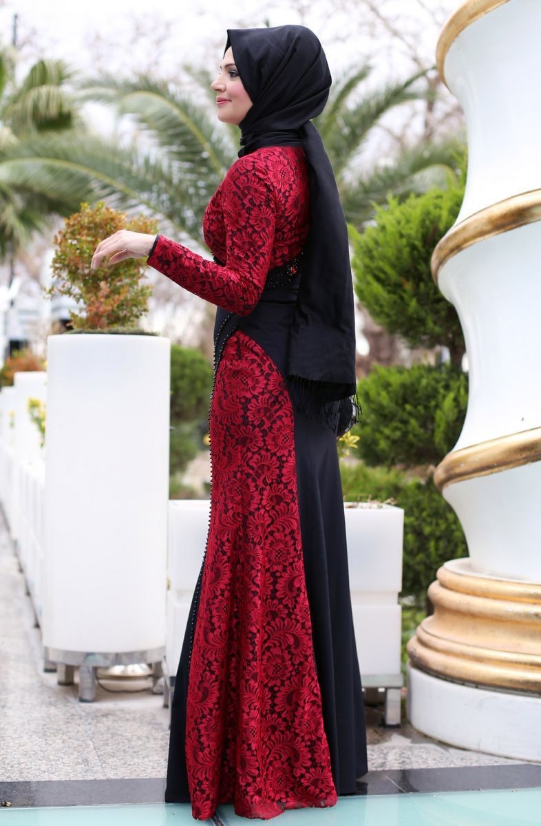 The Newest Design Black Red Long Arab Muslim Evening Dresses A Line Lace Beaded Long Sleeves Floor Length Women Party Gowns