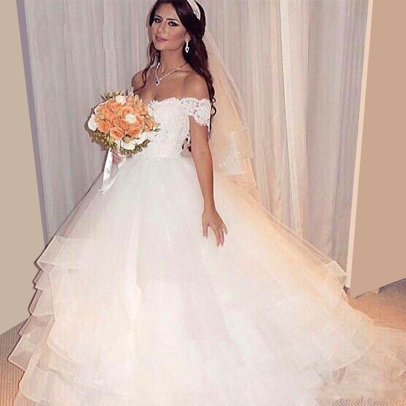 Vintage Off the Shoulder Ball Gown Wedding Dresses Puffy Lace Arabic Organza Tiered Ruffle Elegant Sweetheart Wedding Bridal Gowns