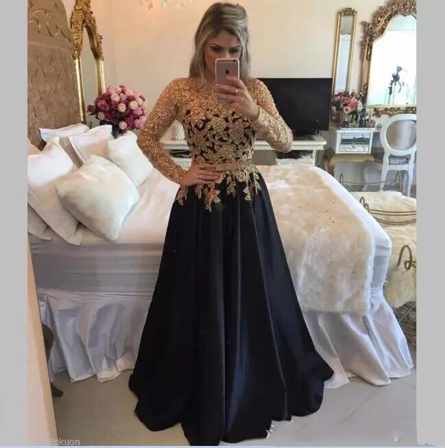 gold applqiue black dresses floor length long sleeves aline vintage evening dresses custom made evening gown