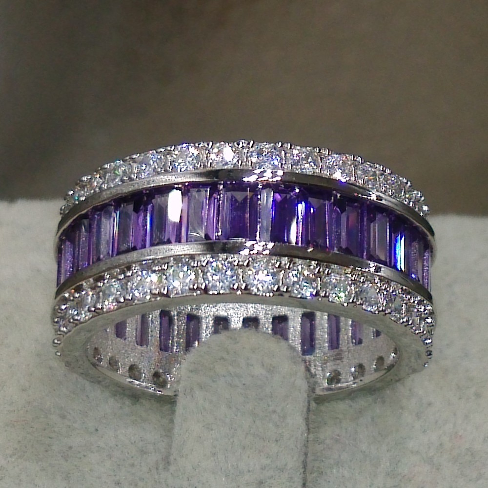 Wholesale Professional Luxury Jewlery Princess Cut 925 Sterling Silver Amethyst Gemstones CZ Diamond Wedding lover Band Ring Gift Size 5-11