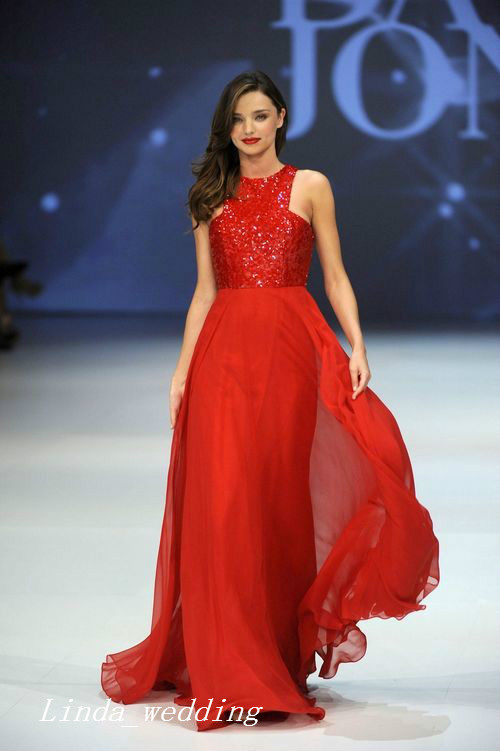Fashion Miranda Kerr Runway Red Sequins Chiffon Evening Dress Long Prom Dres Celebrity Dress Formal Party Gown