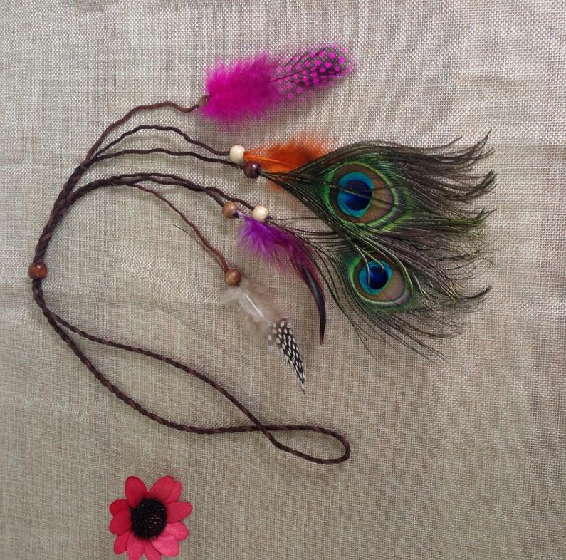 Women Girl suede leather headband bohemian boho Peacock feather Braided Chain hair rope band headbands Hippie Hairband Wrap